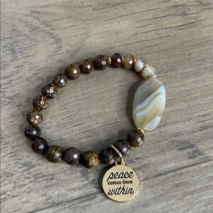 Gold and Brown Beaded Stone Bracelet with Inspirational Charm